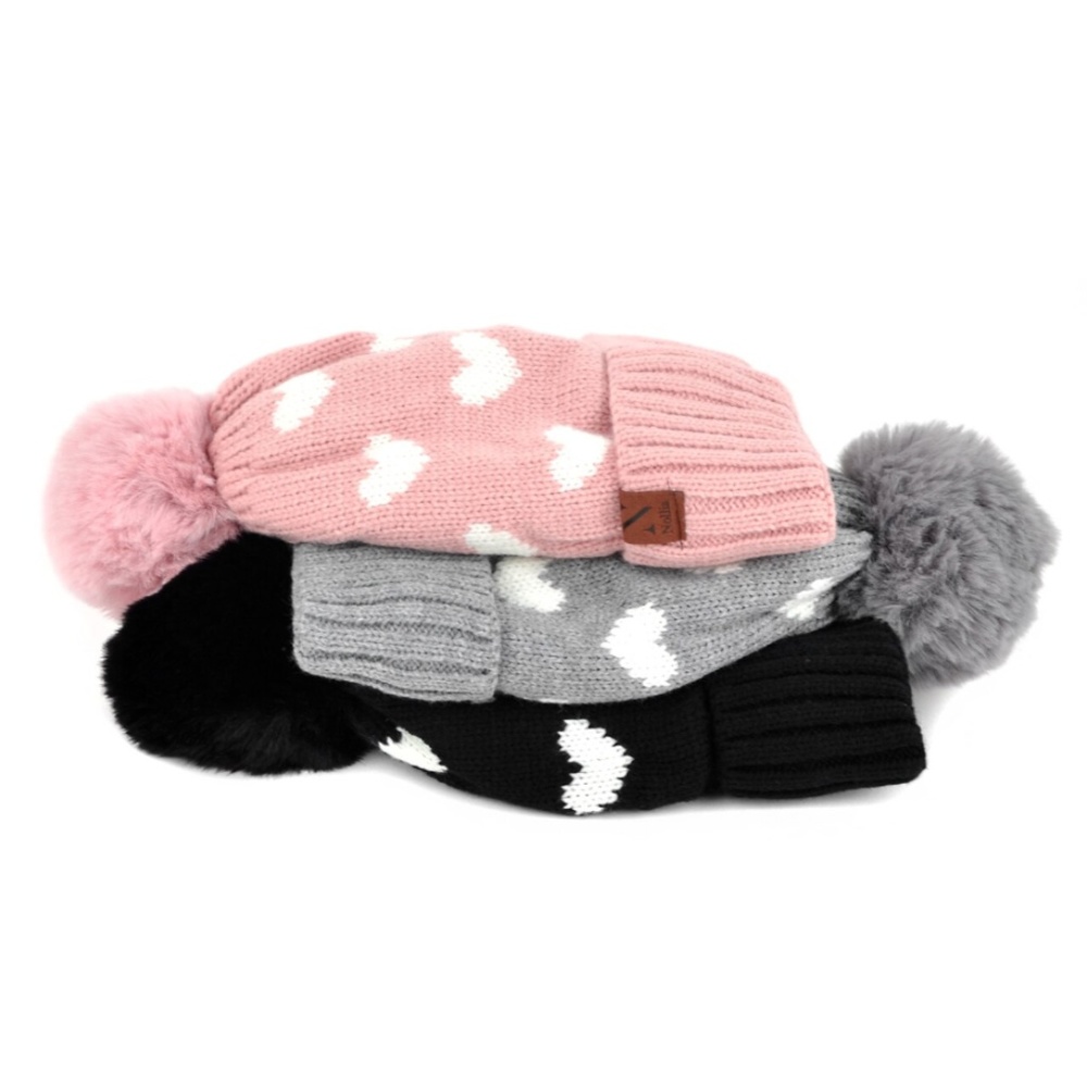 Women's Hearts and Pom Pom Knit Winter Hat - Picture 7 of 7